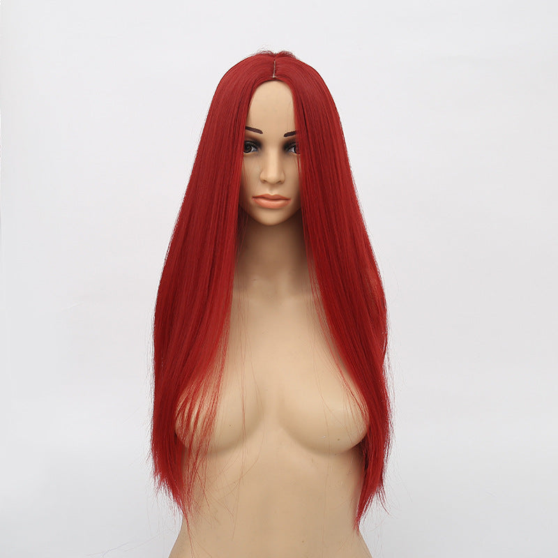 Wine Red Synthetic Wig - Long Straight Hair for Women, Heat-Resistant, Middle Part