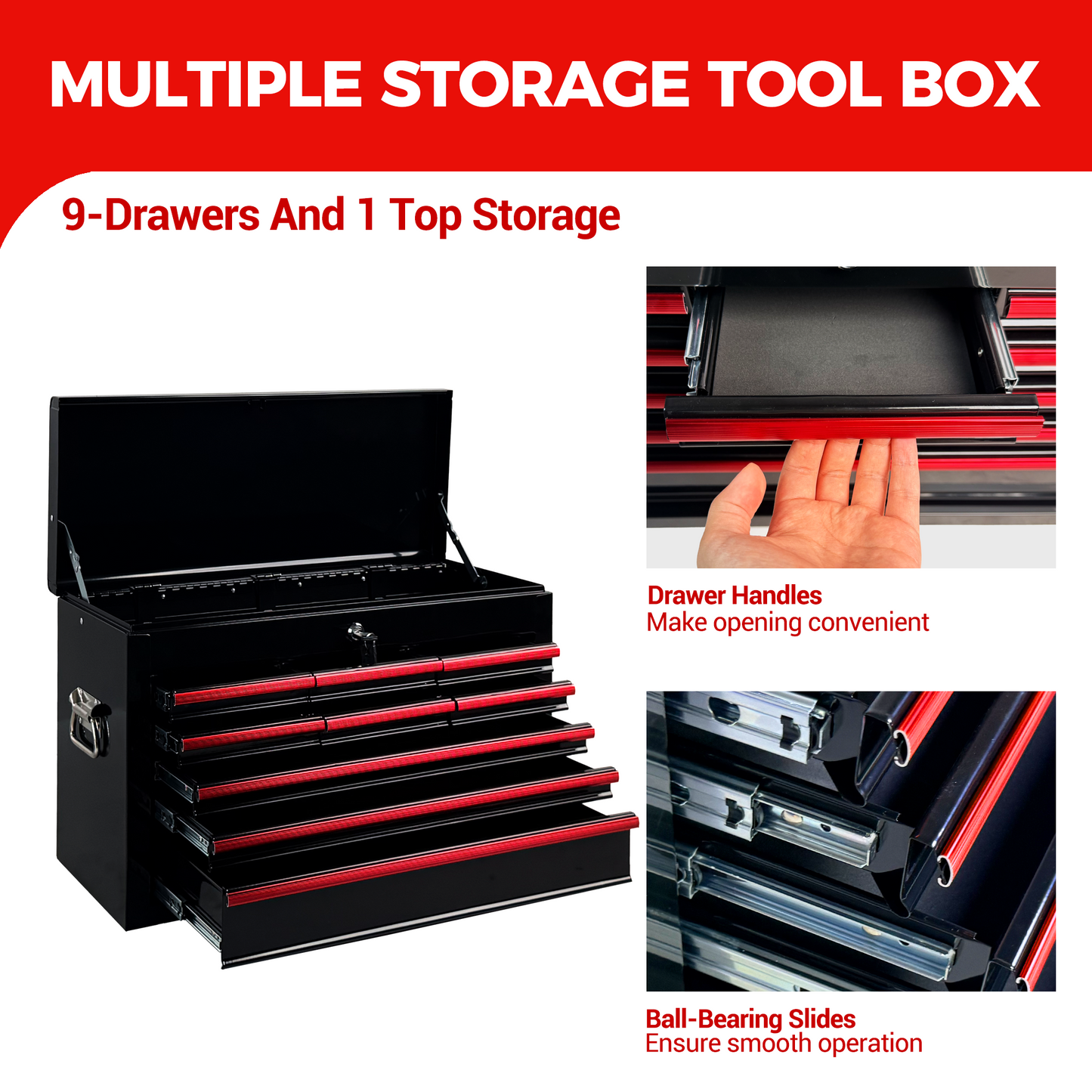 Heavy Duty Metal Tool Box 24 Inch with 9 Drawers & Locking Mechanism - Black
