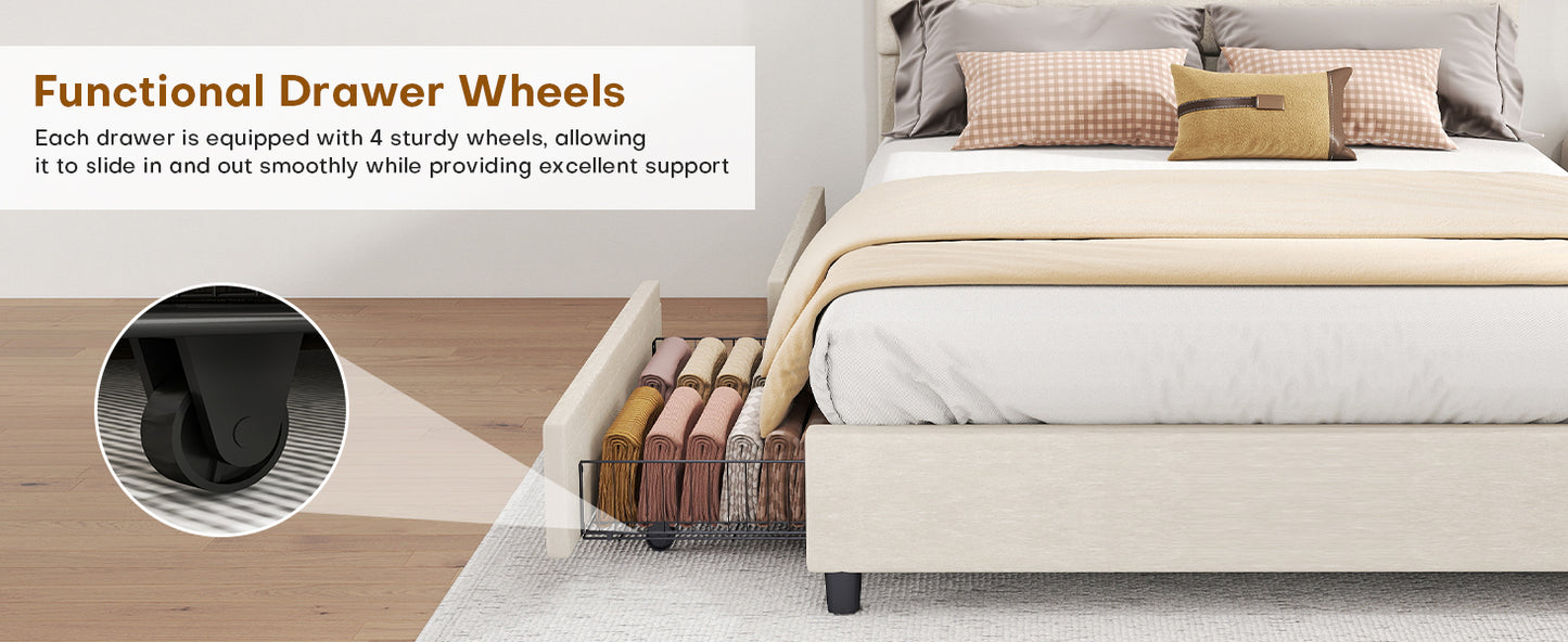 Bed Frame Upholstered Vertical Channel Headboard With 4 Storage