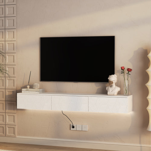 Floating TV Stand with 16 Color LEDs - Wall Mounted Entertainment Center for 55-65 Inch TVs - White