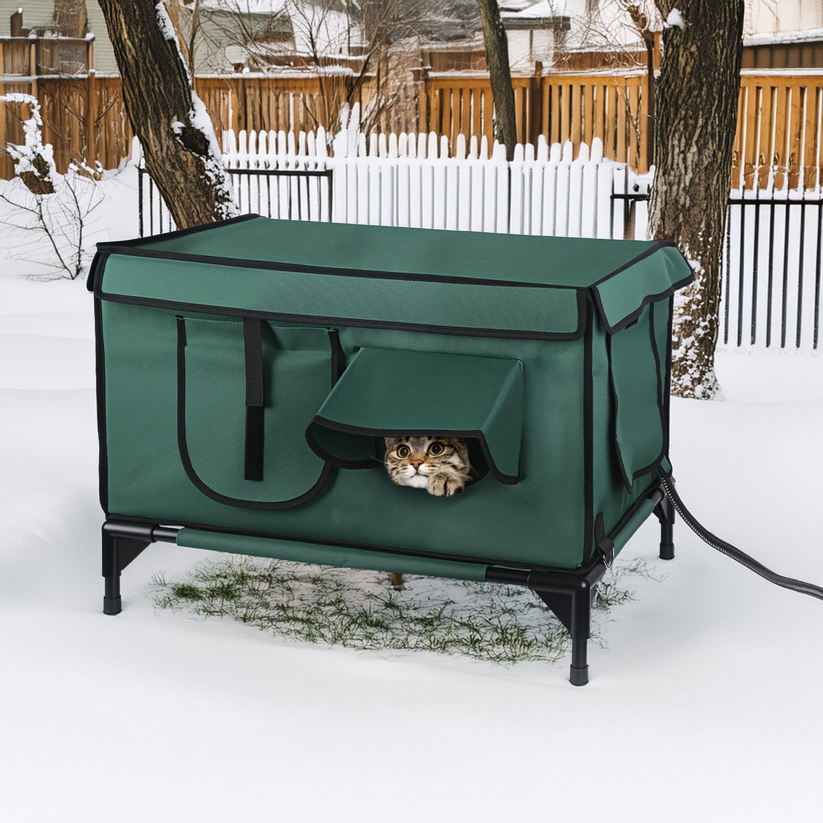 Outdoor Waterproof Heated Cat House with Insulated Shelter, 2 Doors & 3 Windows, Weatherproof Feral Cat Shelter - Green