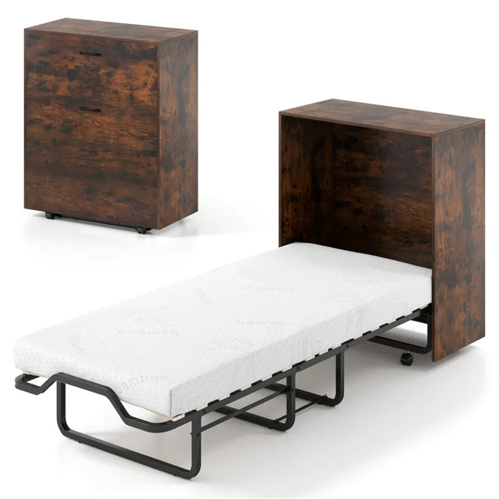 Rustic Brown Murphy Bed Cabinet with Lockable Wheels & Mattress
