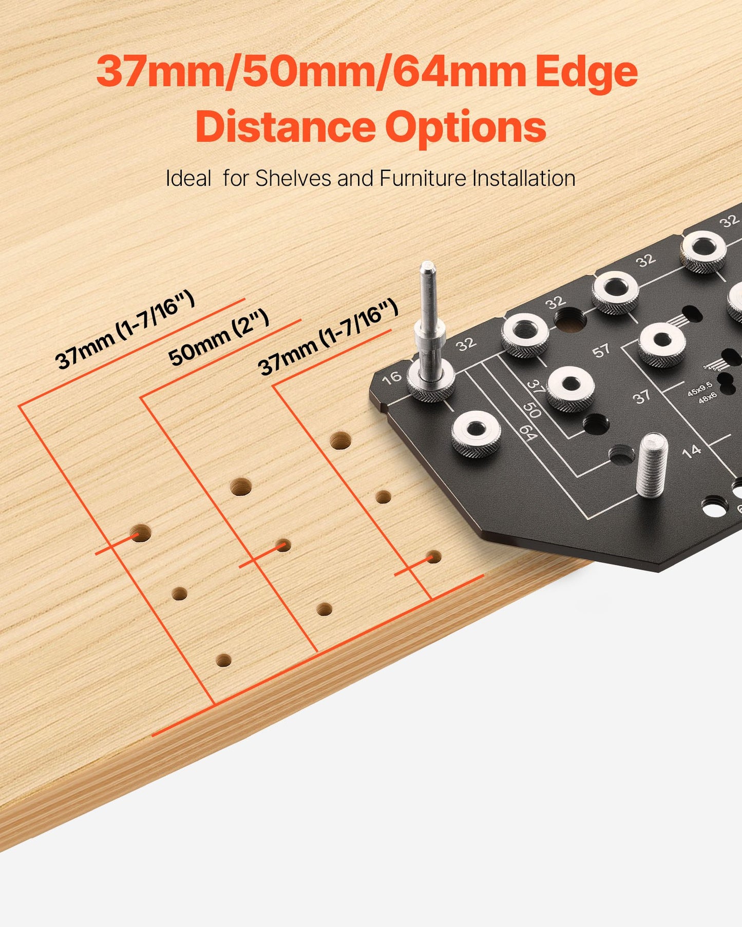 Aluminum Alloy Shelf Pin and Hinge Jig for Cabinet Drilling - Orange