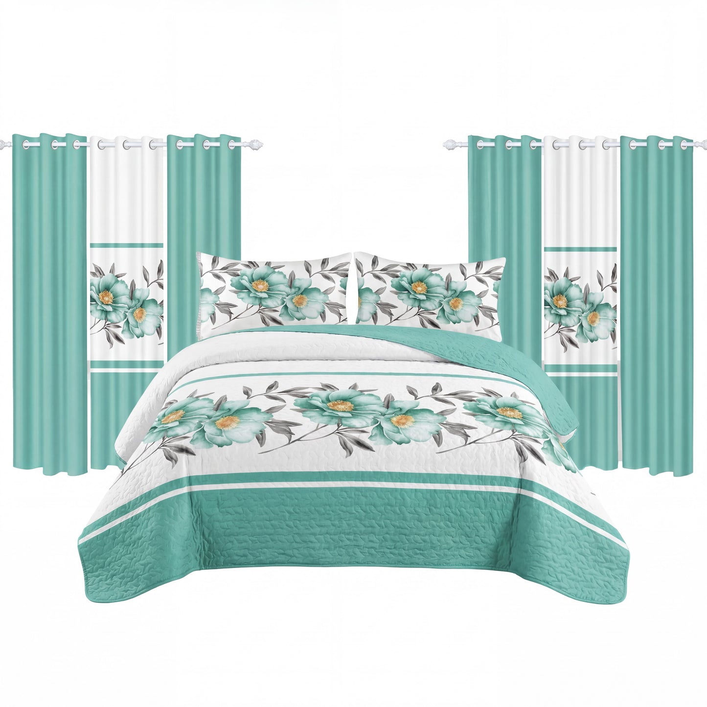 9-Piece Teal Floral Bedding Set with Customizable Curtains