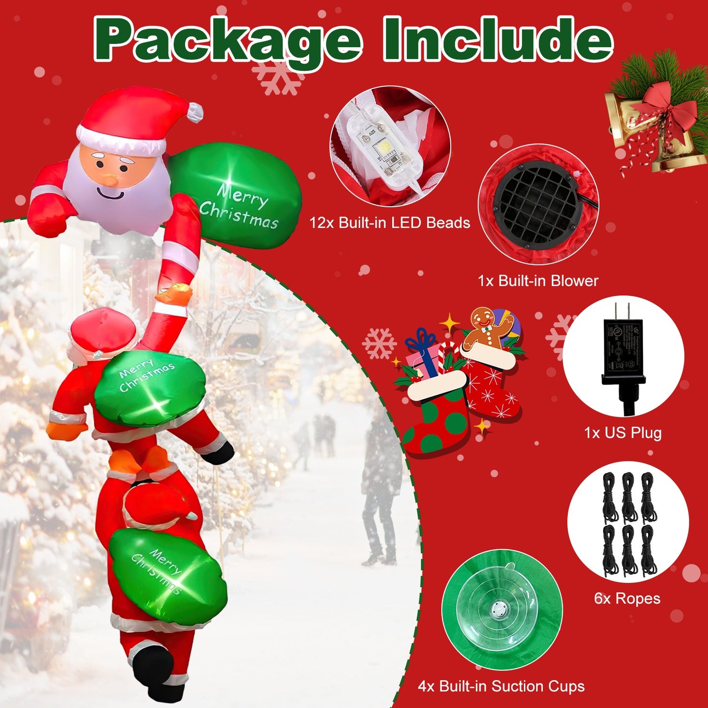 8FT Inflatable Santa Claus with LED Lights - Christmas Decoration