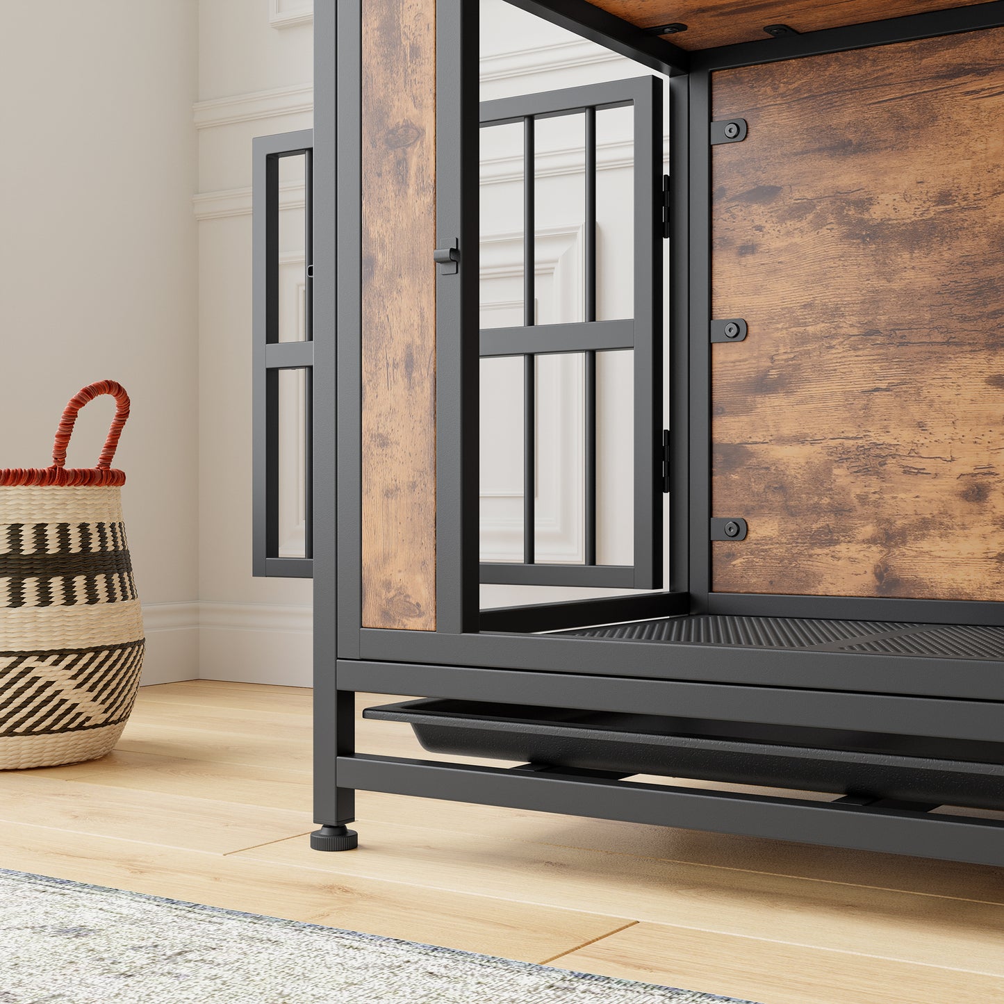 Wooden Dog Crate Table with 2 Sliding Doors - Rustic Brown