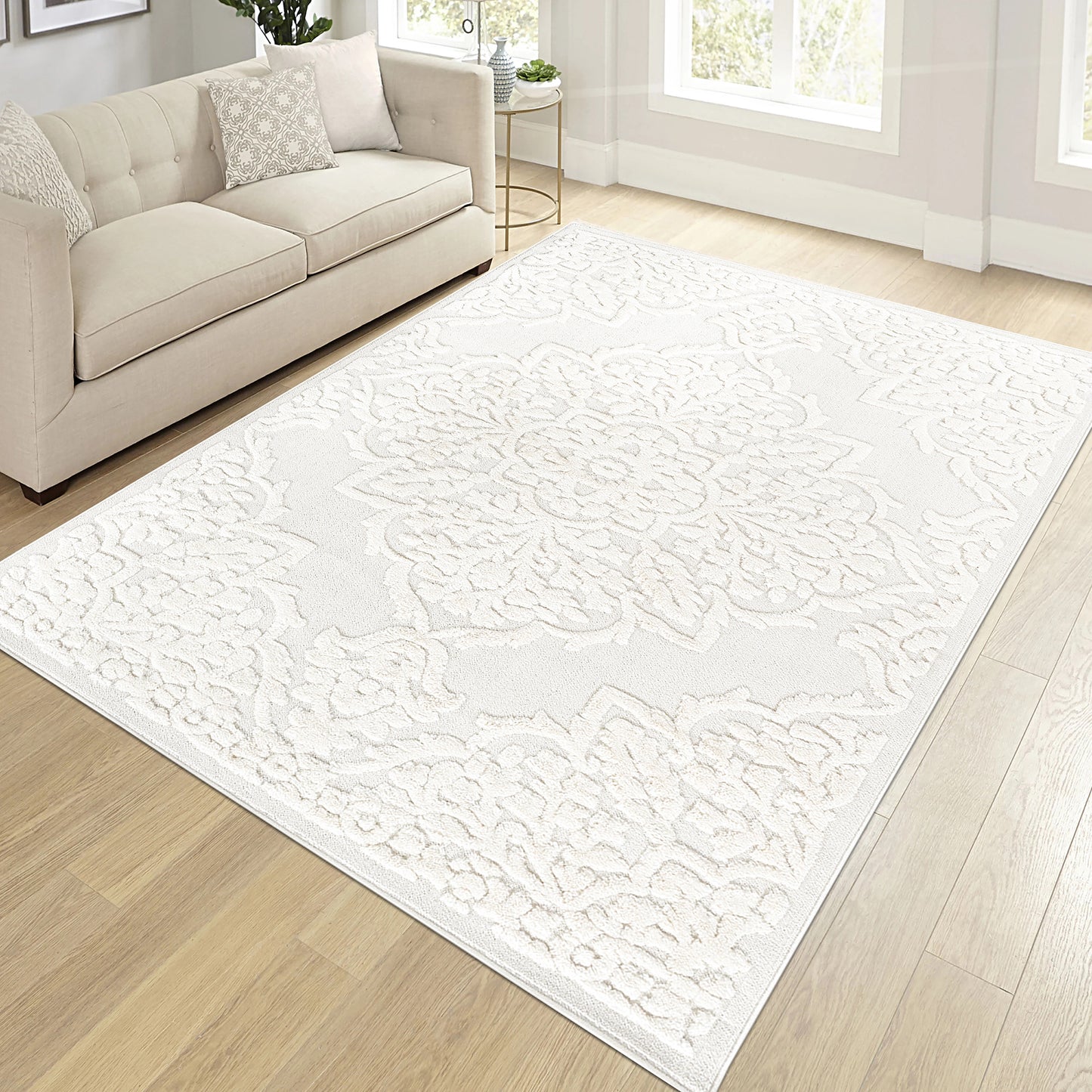 Step Collection High-Low Medallion Cream Indoor Area Rug,