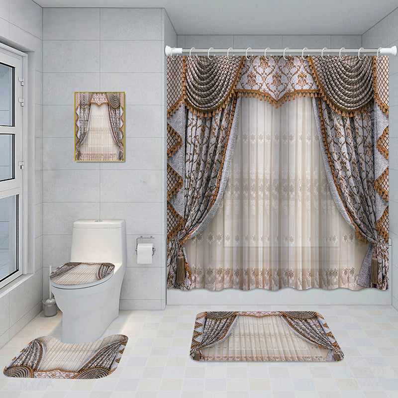 Bathroom 5-Piece Shower Curtain Set with Mat and Decorative Aluminum Frame