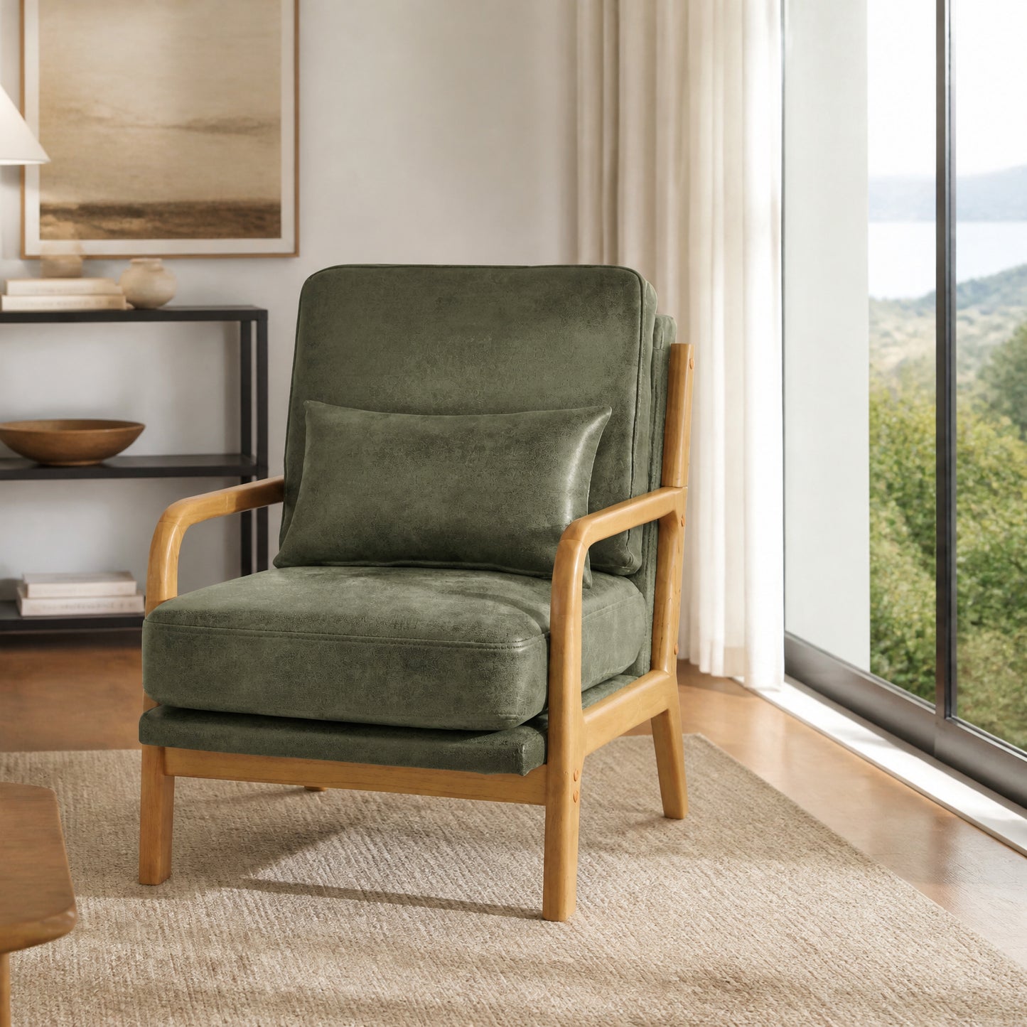Mid-Century Modern Wooden Lounge Chair - Olive Green