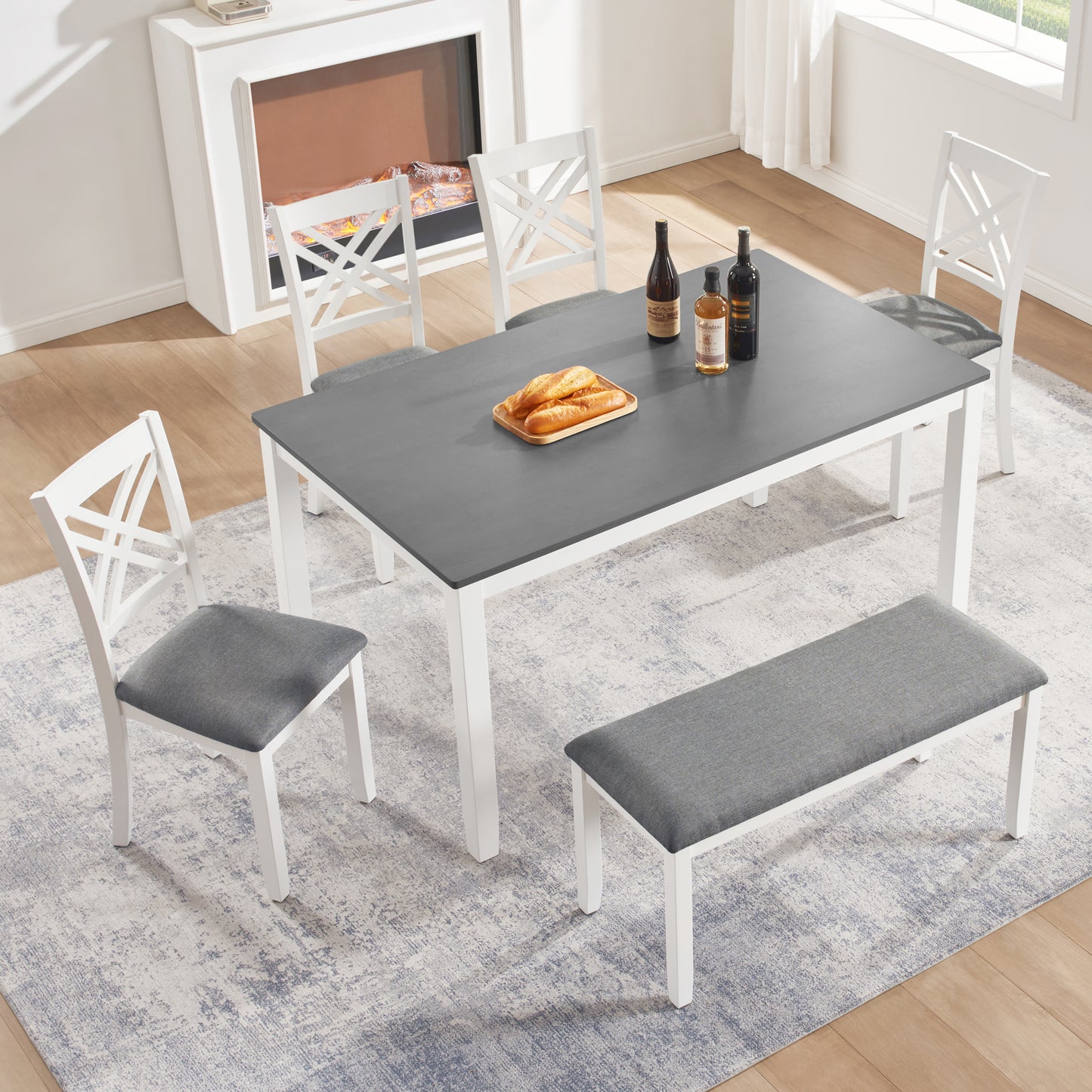 6-Piece Dining Set with Rectangular Table, Chairs & Bench - Grey & White