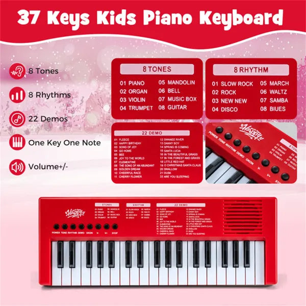 Kids Electronic Keyboard with Microphone - 37 Keys, 8 Tones & Rhythms
