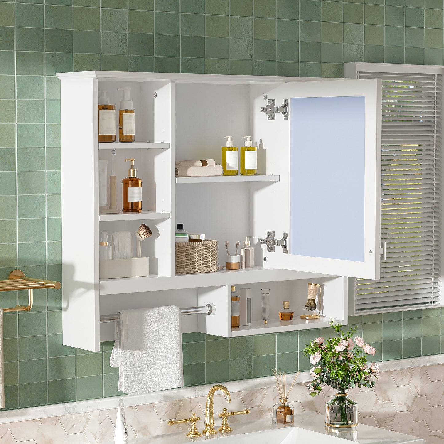 35 Inch Wall-Mount 2-in-1 Mirror Cabinet With Adjustable Shelves,