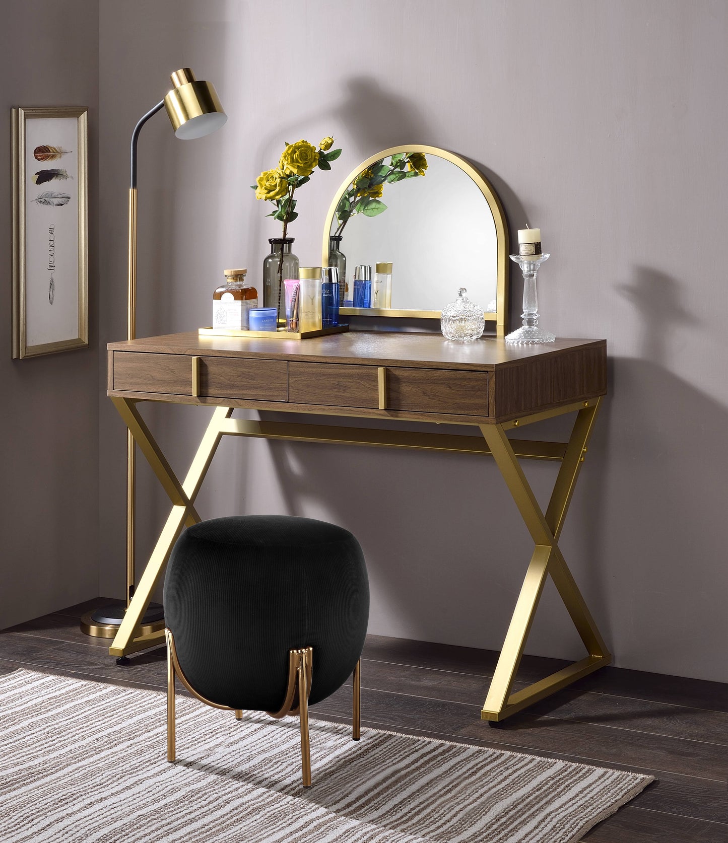 Walnut & Gold Finish Vanity Desk with Mirror & Jewelry Tray