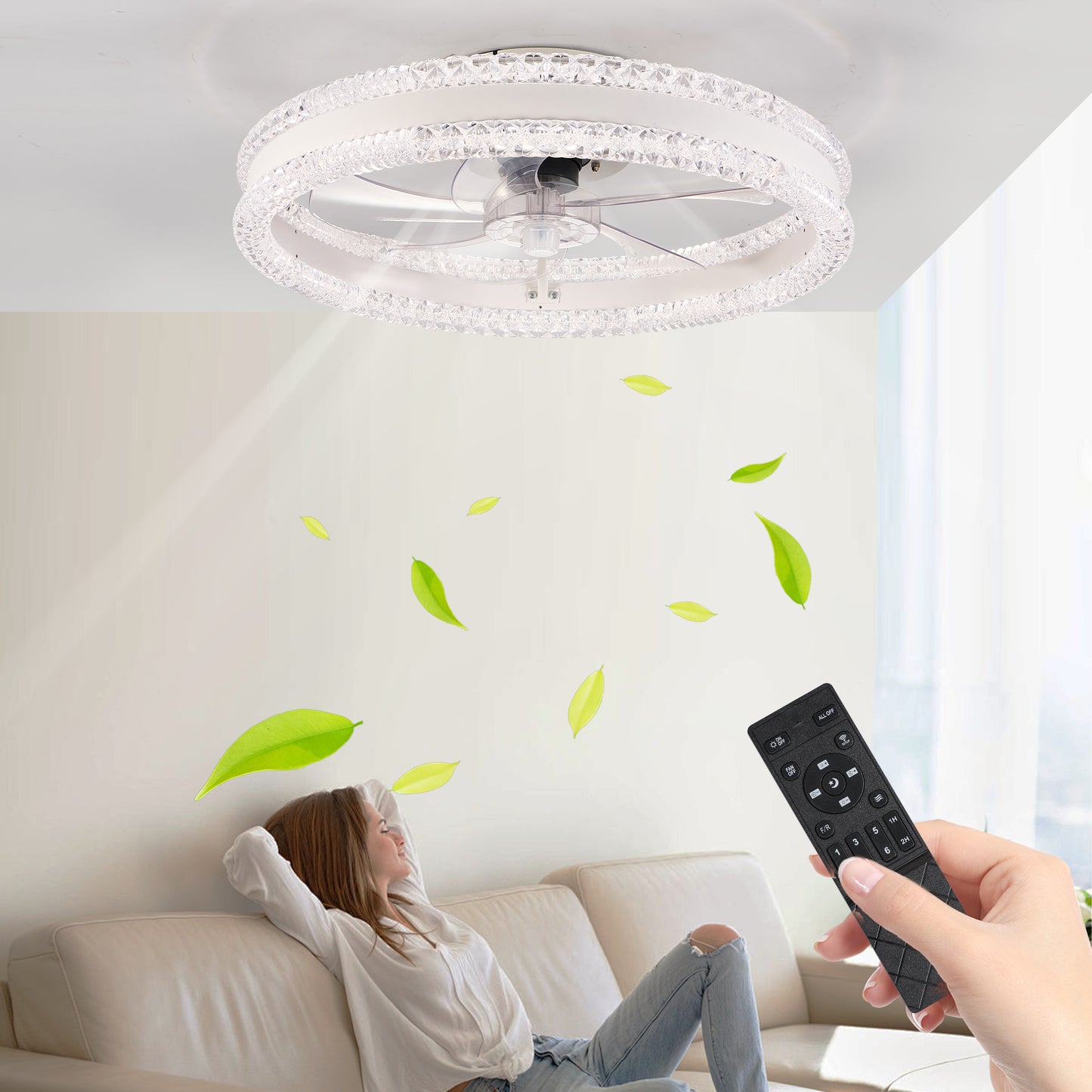 Luxury Double Ring LED Ceiling Fan with Light - Modern Flush Mount