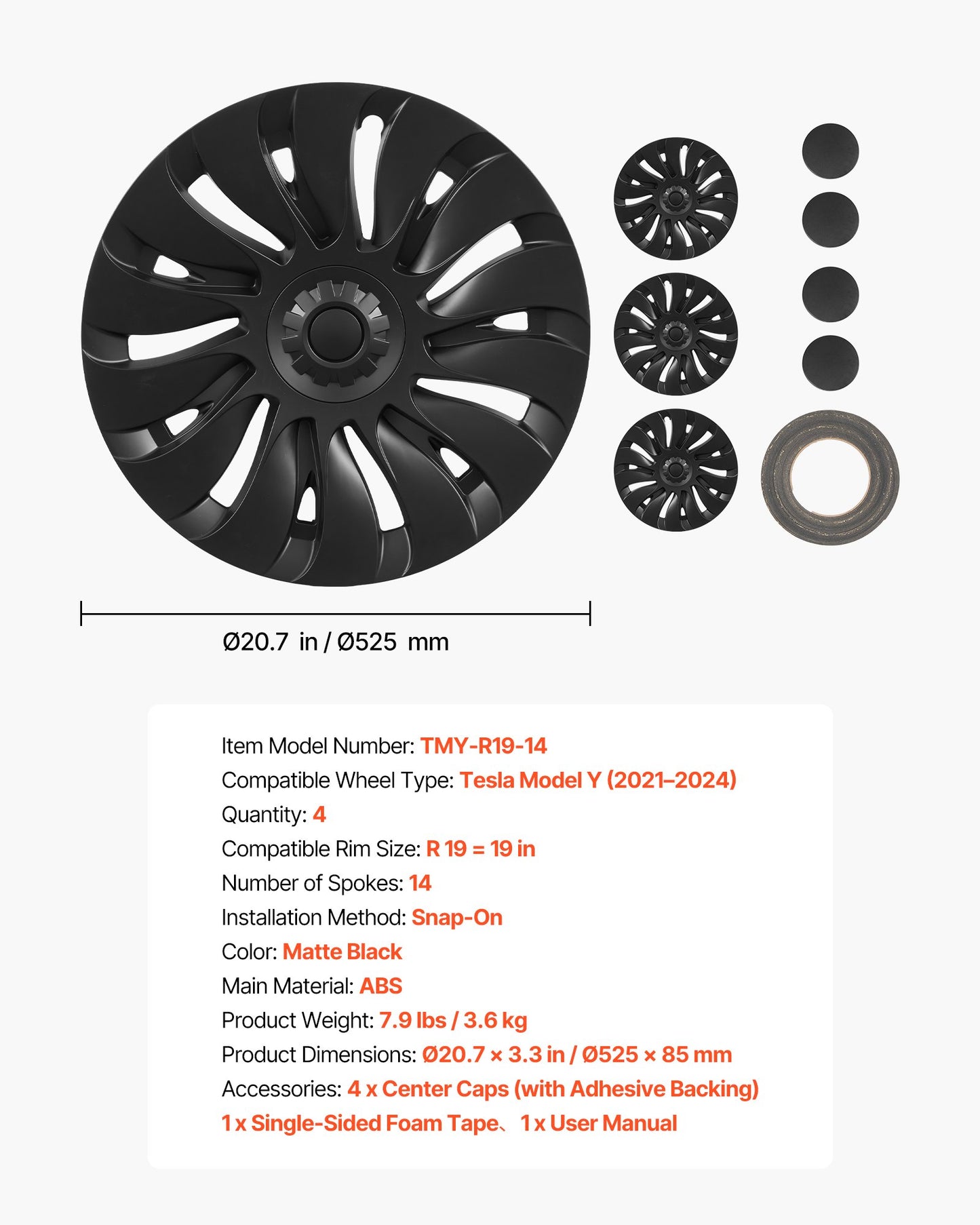 19 Inch Wheel Hubcaps for Tesla Model Y 2021-2024 - Matte Black OEM Style Set of 4