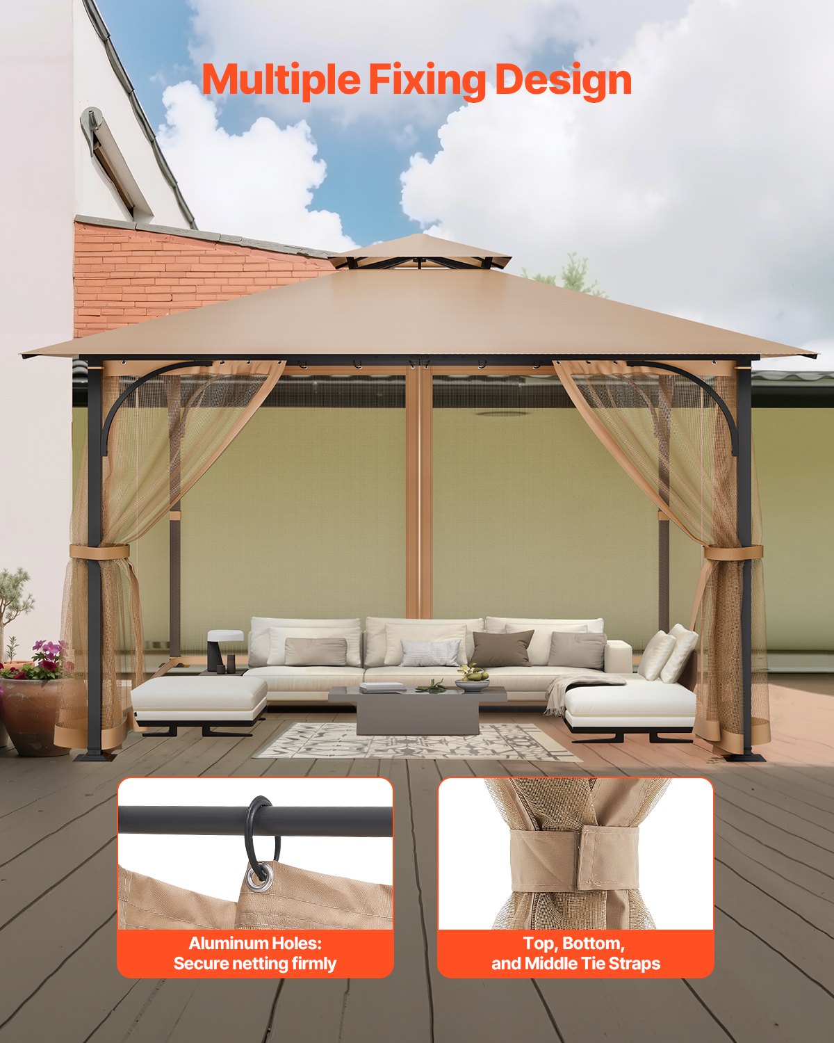 Replacement Mesh Gazebo Netting for 10x10 Ft Outdoor Patio - Brown, 8.99ft x 8.99ft