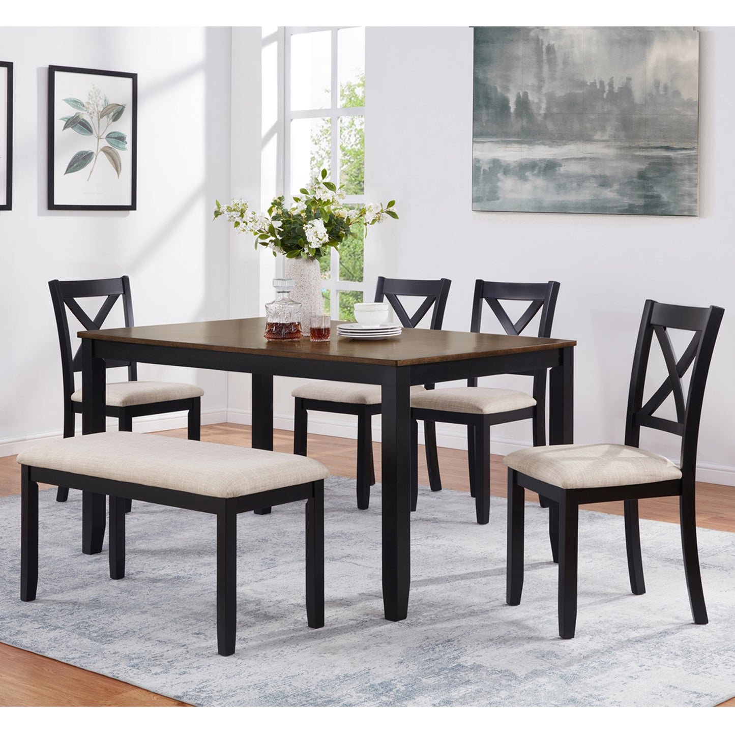 Wooden Dining Chairs Set of 4 with Padded Seat - Black & Beige