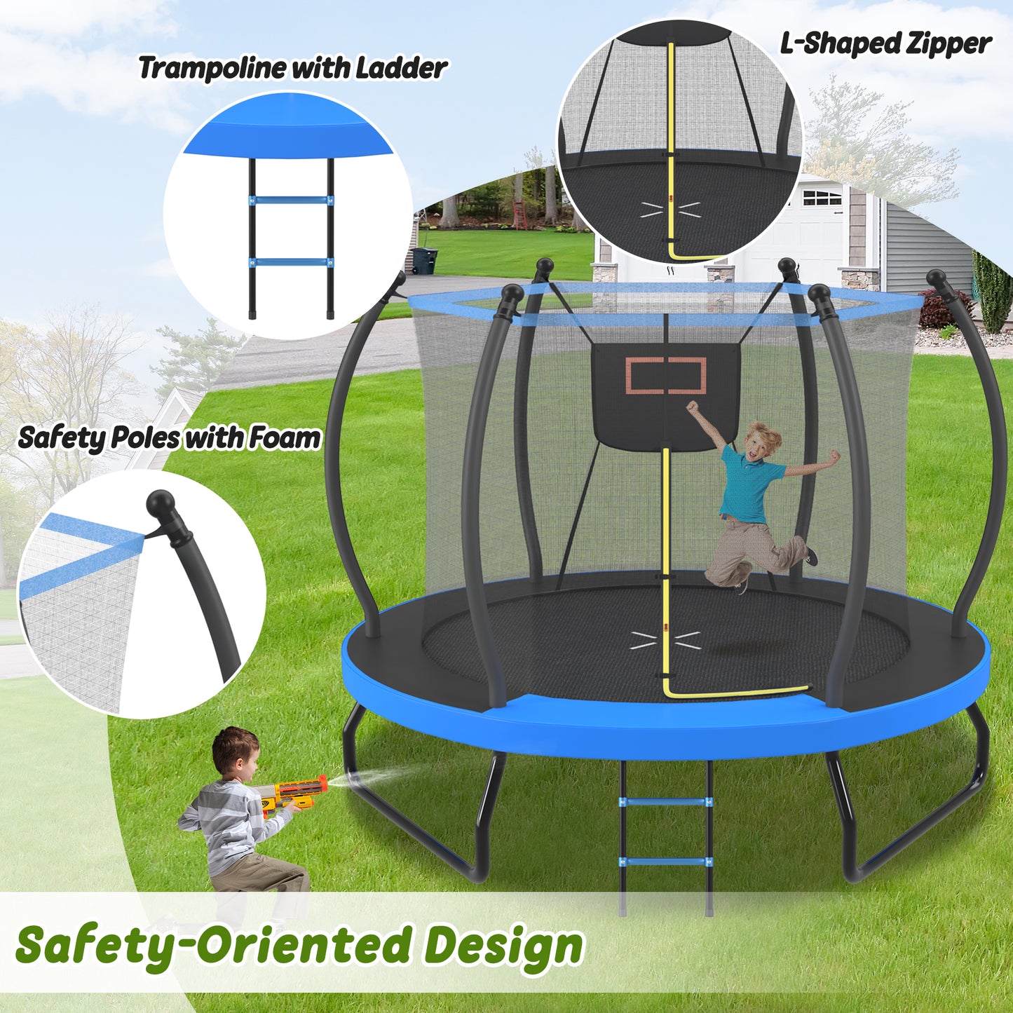 10FT Outdoor Trampoline with Basketball Hoop, Net & Ladder - Blue
