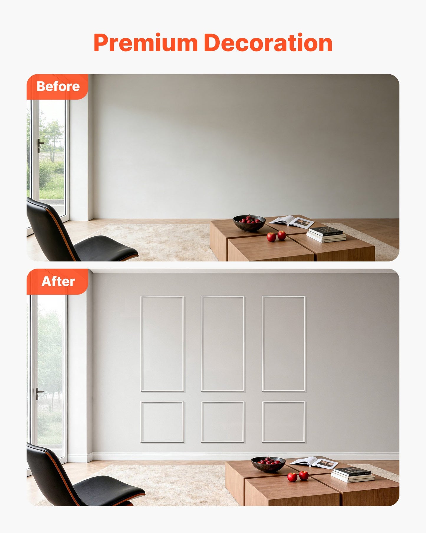 Paintable Wall Molding Kit 3 Pack - Lightweight Waterproof Wainscoting Panels
