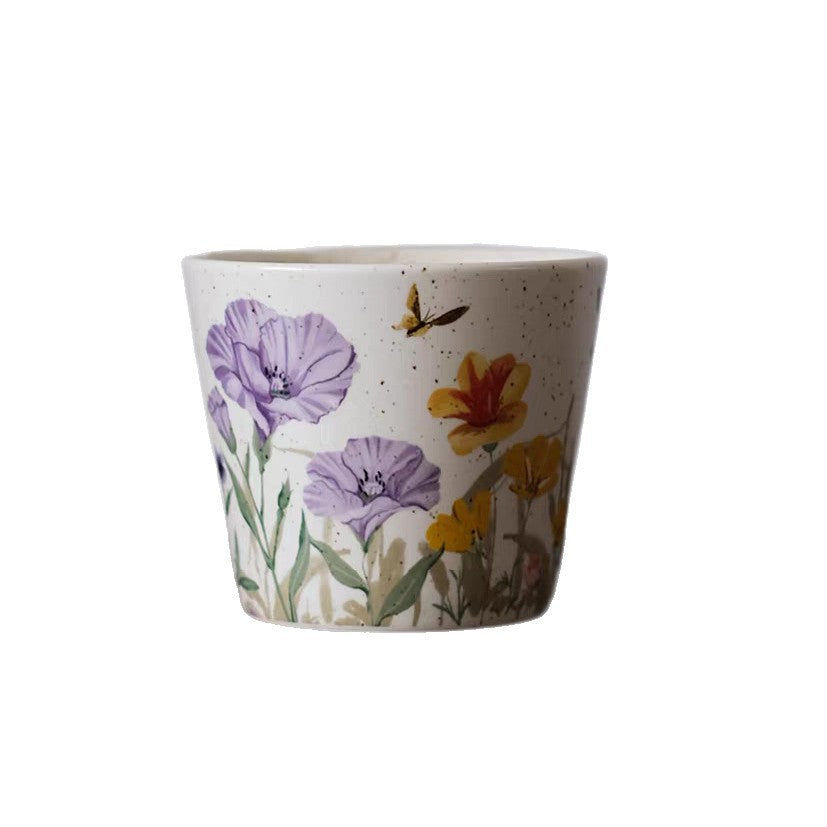 Retro Handheld Latte Art Coffee Cup 300ml Purple Bellflower Design