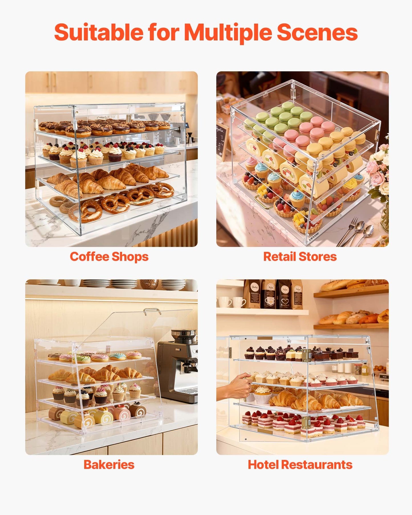 4-Tier Acrylic Bakery Display Case with Magnetic Rear Door for Pastries & Cake