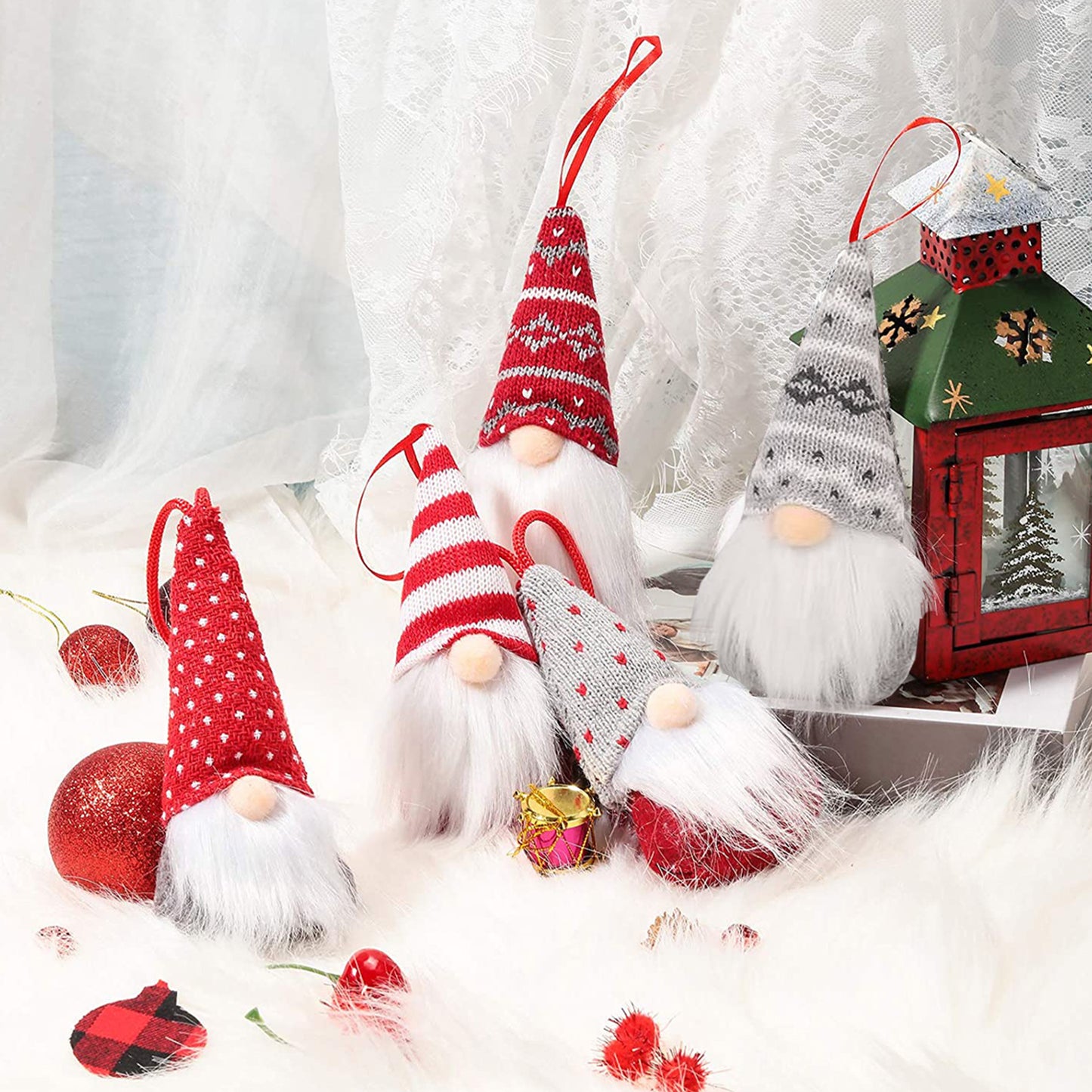 8-Pack Handmade Christmas Gnome Plush Ornaments - Red & White