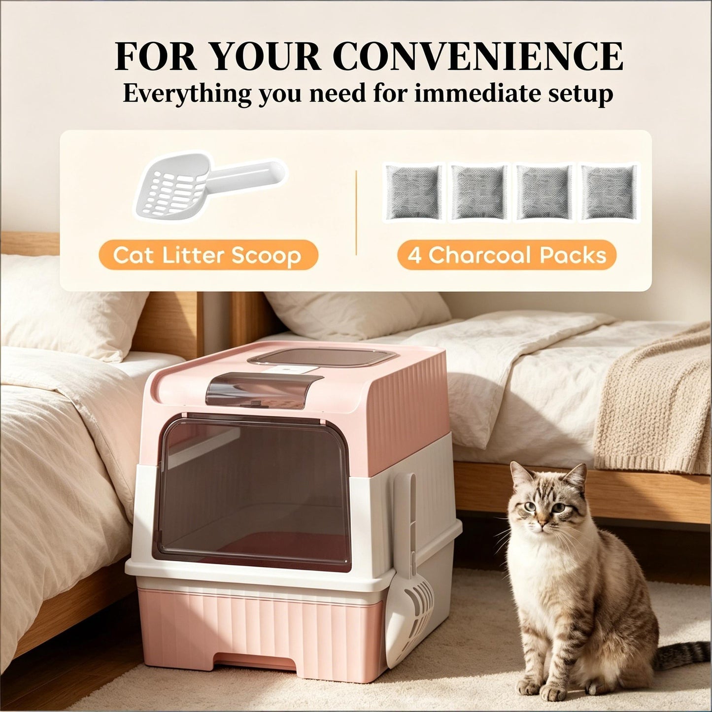 Compact Fully Enclosed Cat Litter Box - Pink & White