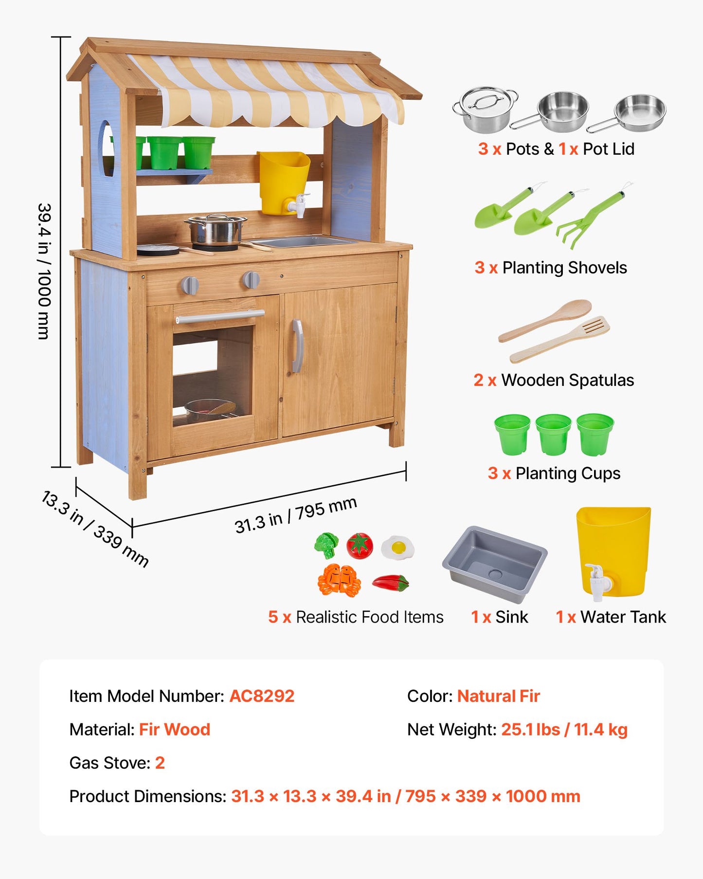 Outdoor Kids Mud Kitchen with Sunshade, Wooden Play Set with Spoons & Accessories