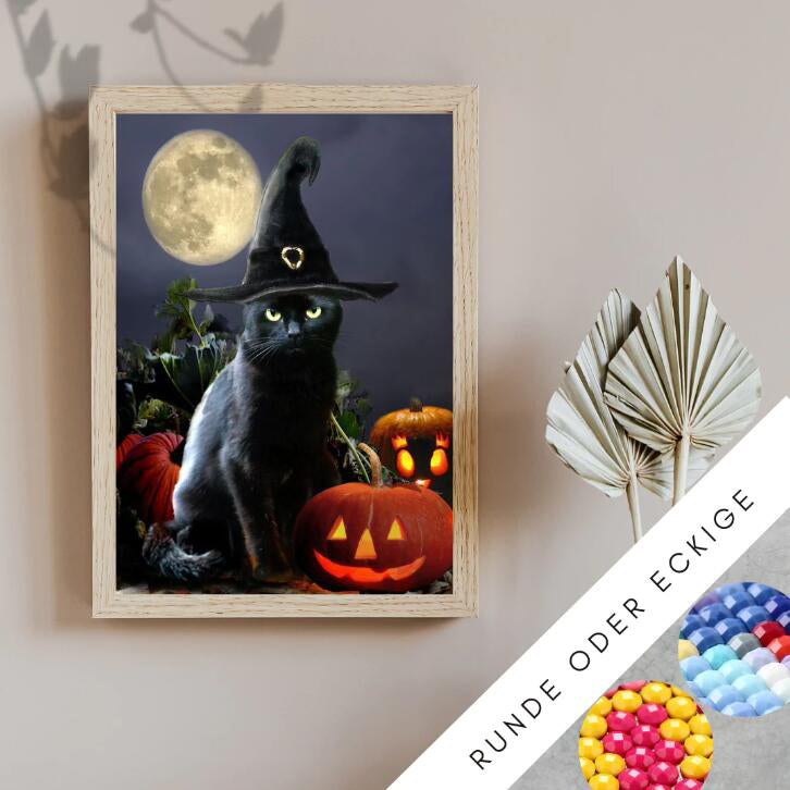 Halloween Cat in Pumpkin House Diamond Painting Kit - 50x70cm, A4 Size