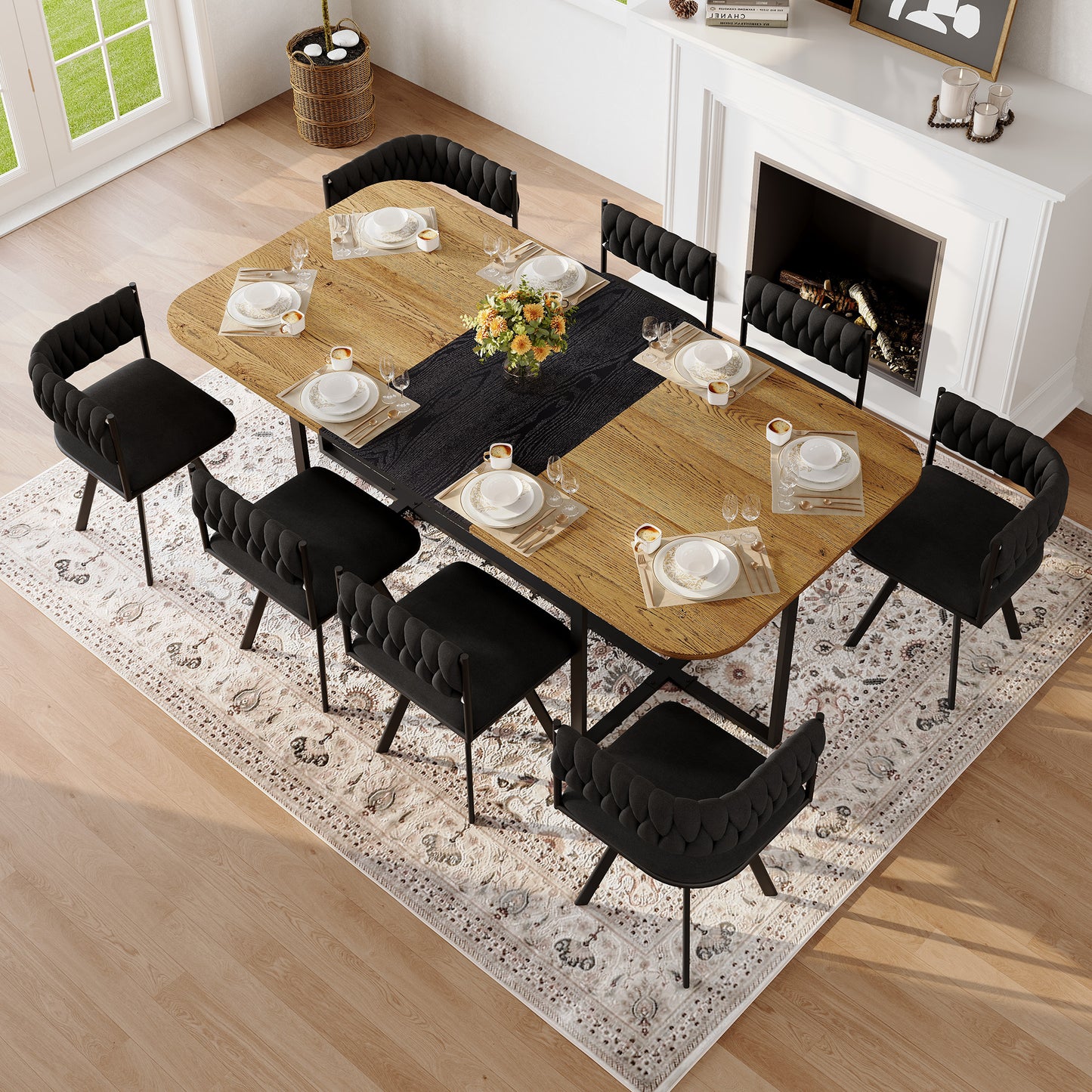 9-Piece Square Dining Table Set, Fixed Two-Tone Wood Grain & Black
