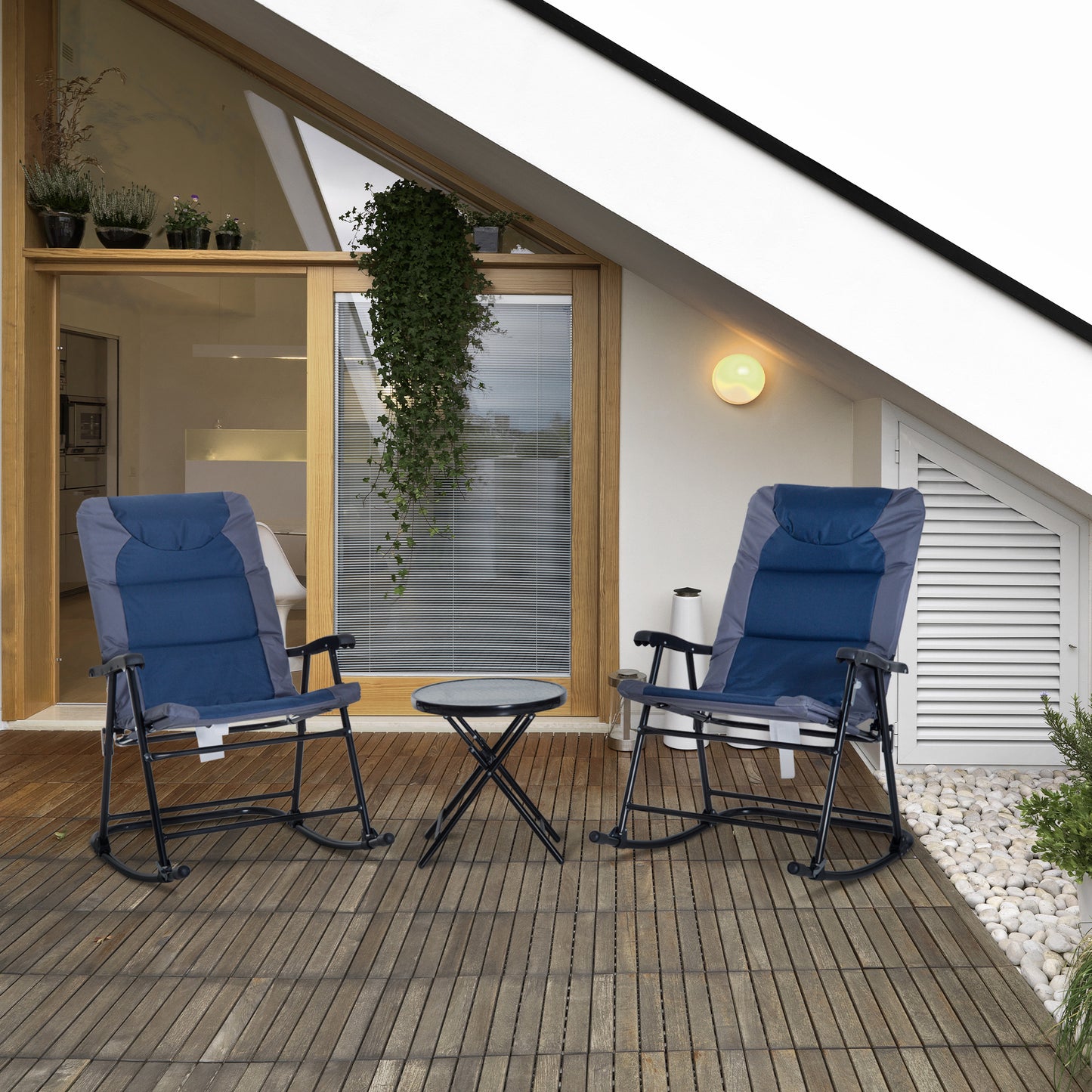 3 Piece Outdoor Folding Rocking Chair Set with Table - Blue & Gray