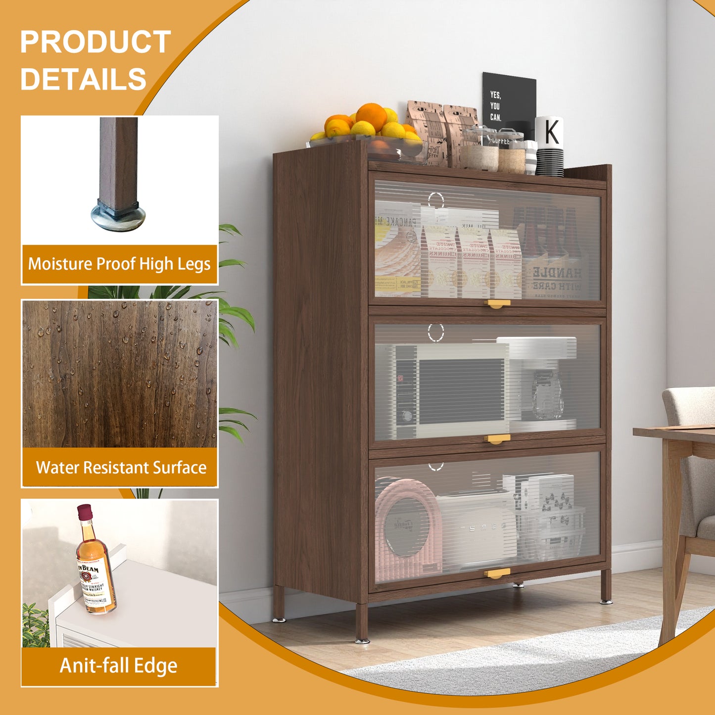 44'' Tall Metal Cabinet with 3 Flip Doors - Walnut Storage