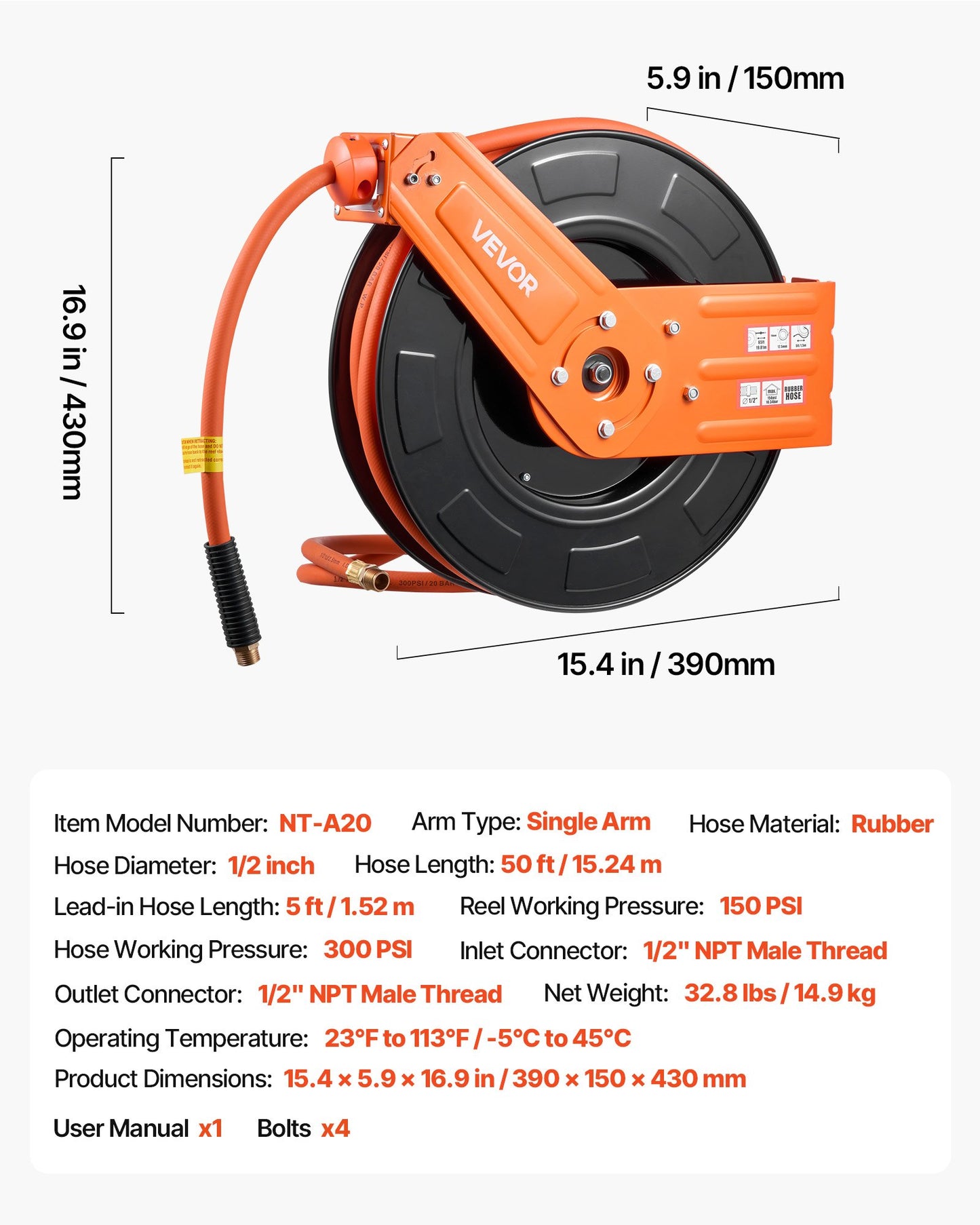 Retractable Air Hose Reel 50Ft Rubber Hose 300PSI Wall Mount Garage Workshop