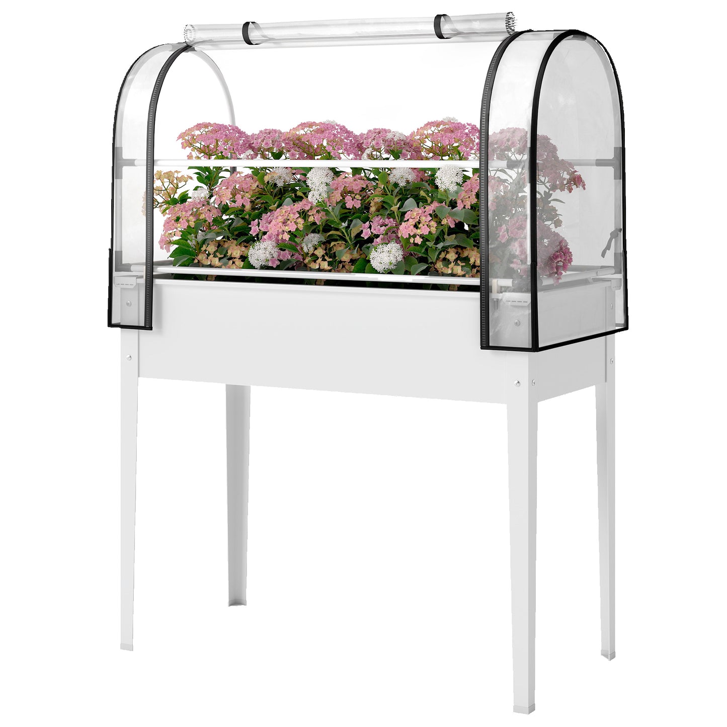 Raised Garden Bed with Flip-Up Greenhouse Cover - Metal Elevated Planter with Drainage, White, 1110x510x85 mm