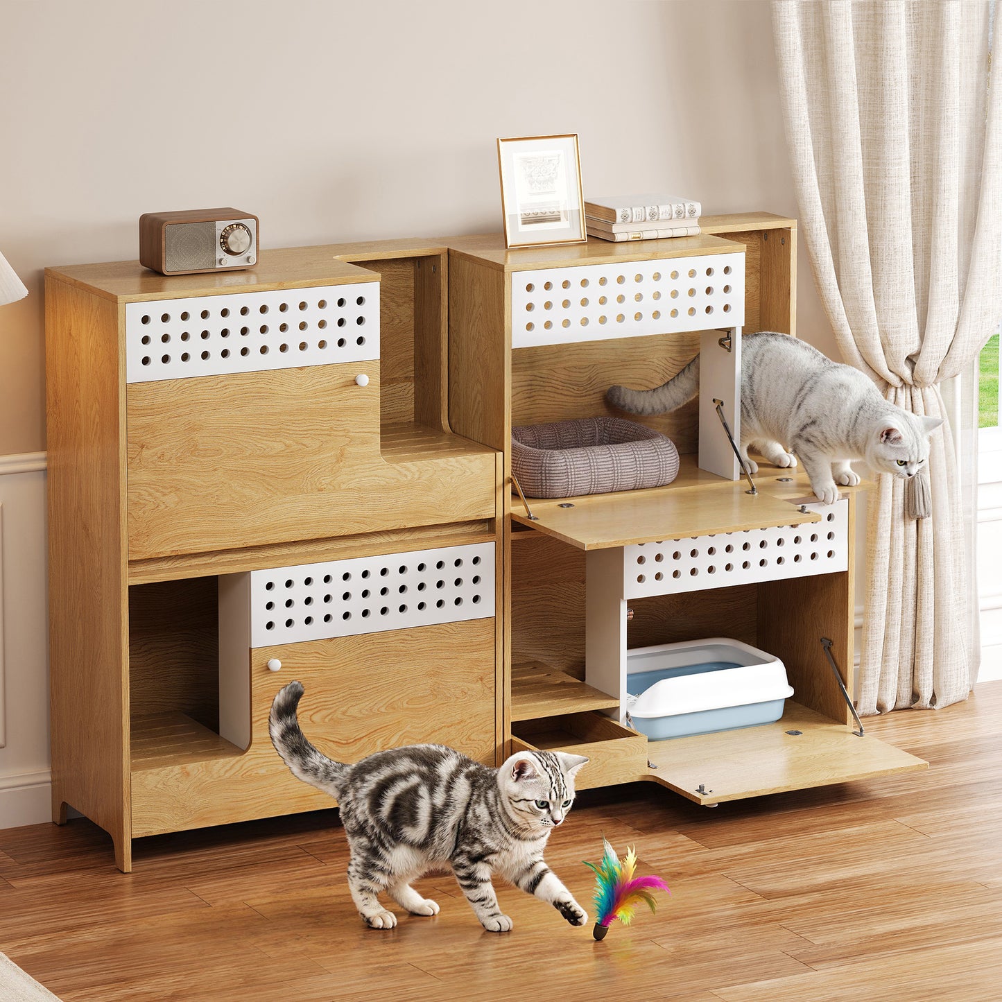 2-Piece Modern 2 IN 1 Cat Furniture Set, Litter Box Enclosure Side
