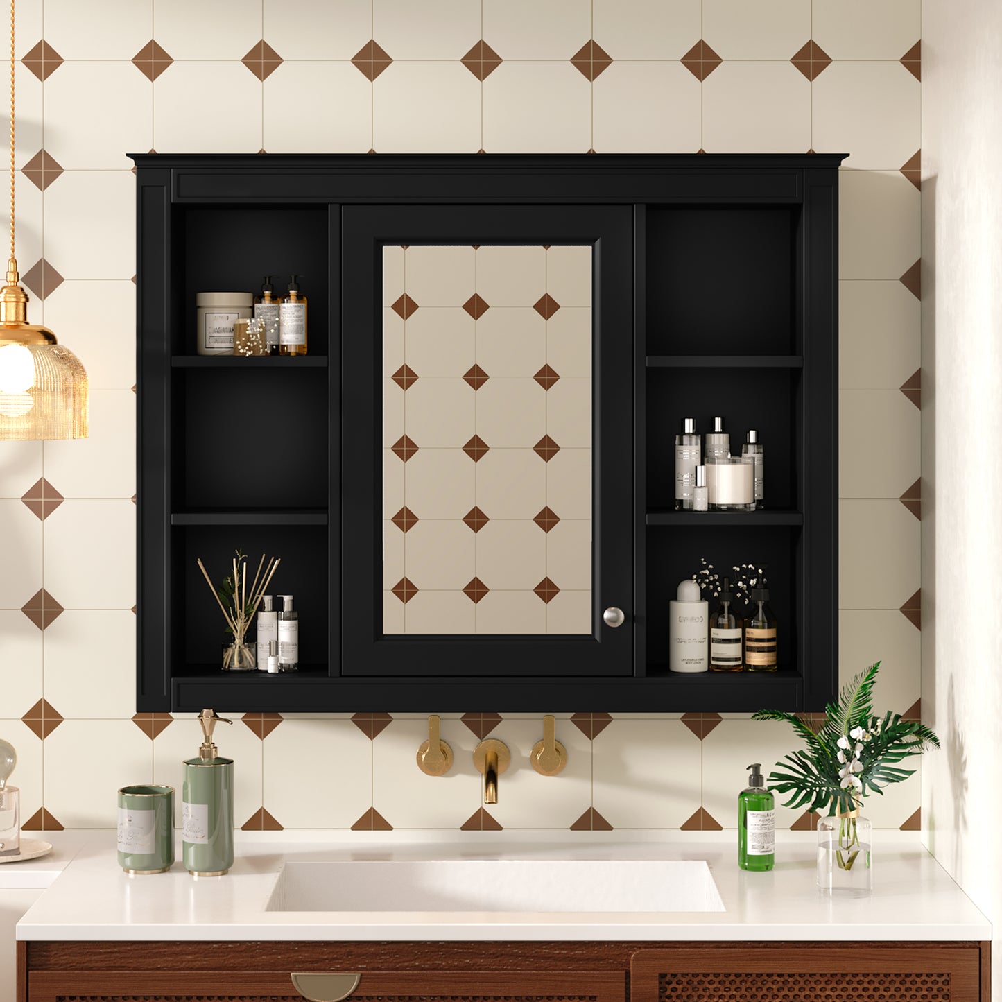 35'' x 28'' Wall Mounted Medicine Cabinet with Mirror - Black