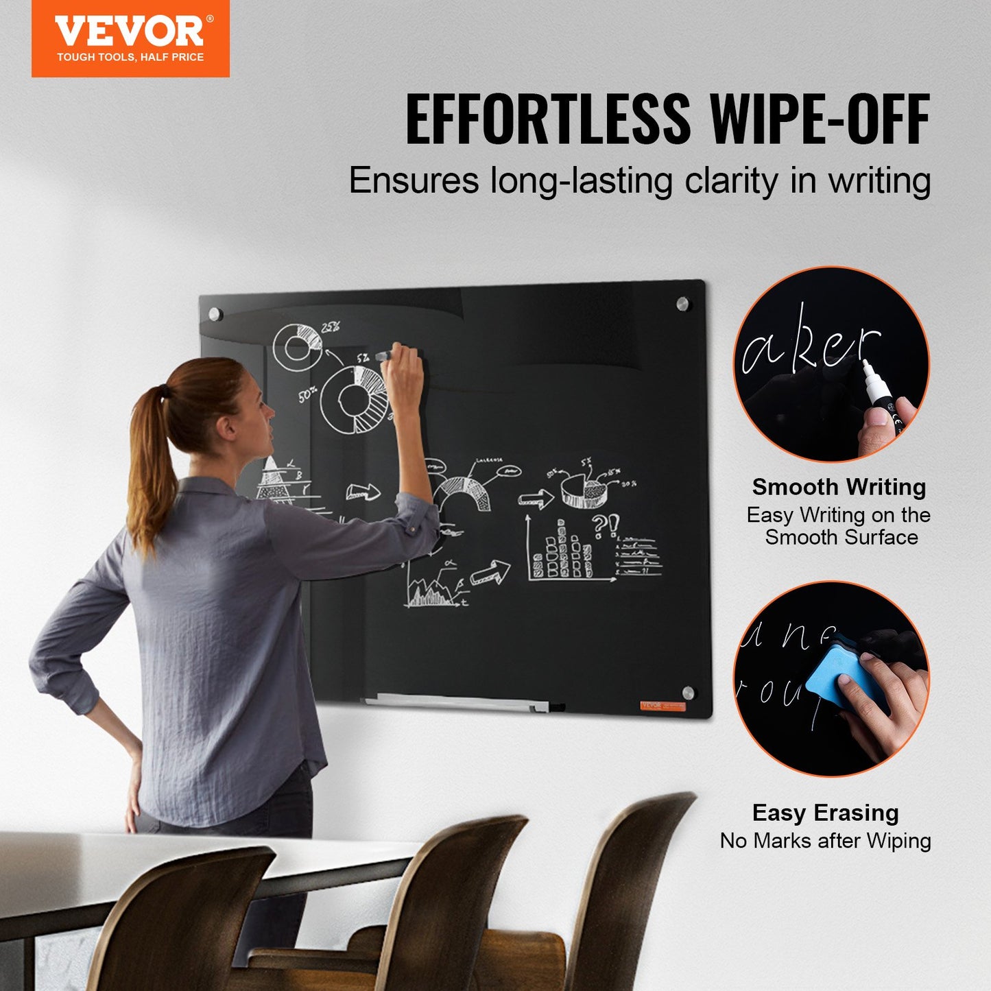 Magnetic Glass Dry Erase Board - 36"x24" Frameless with Marker Tray