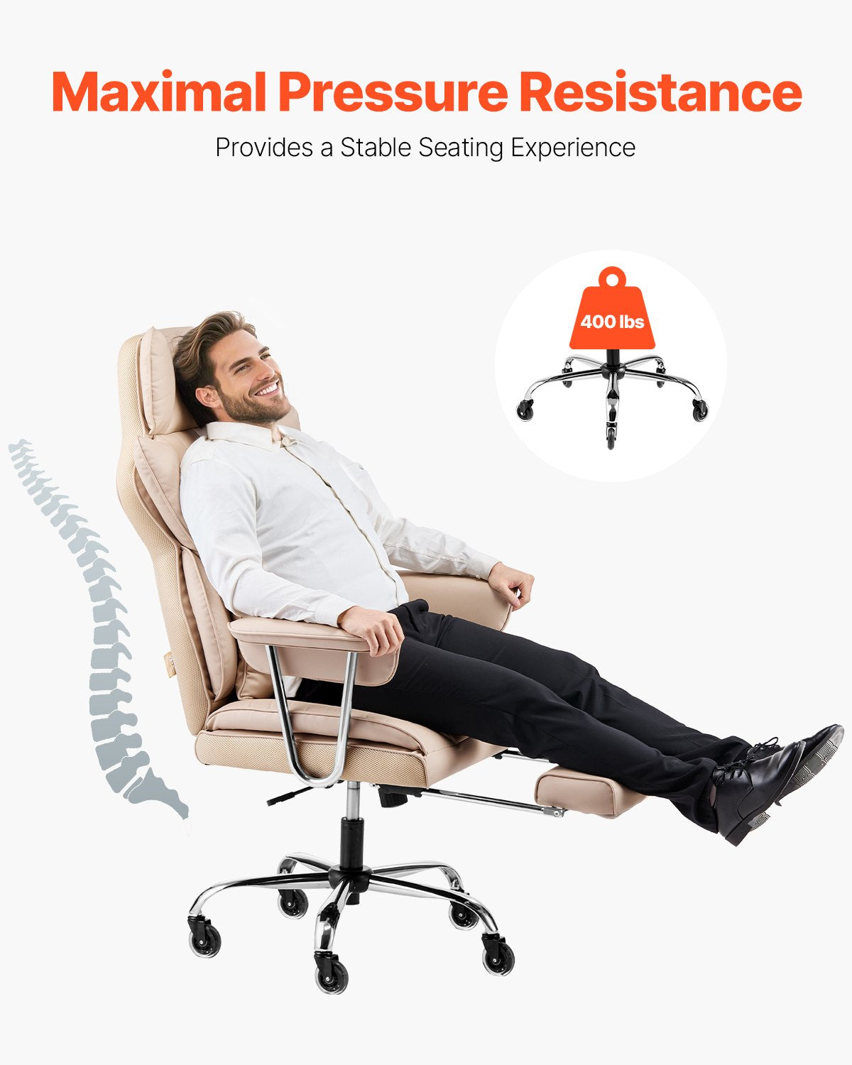 Executive Office Chair with Footrest - 400 Lbs Capacity, Ergonomic Design, Lumbar Support - Khaki