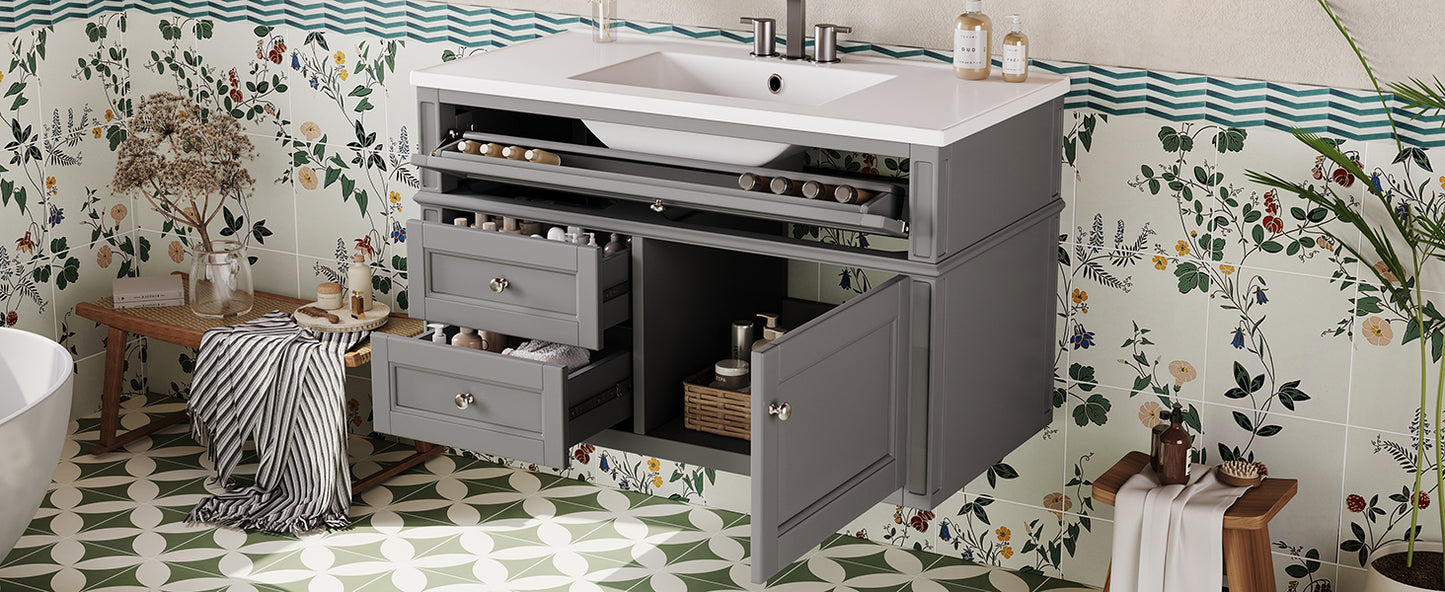36-Inch Wall-Mounted Bathroom Vanity with Ceramic Sink & Drawers - Gray