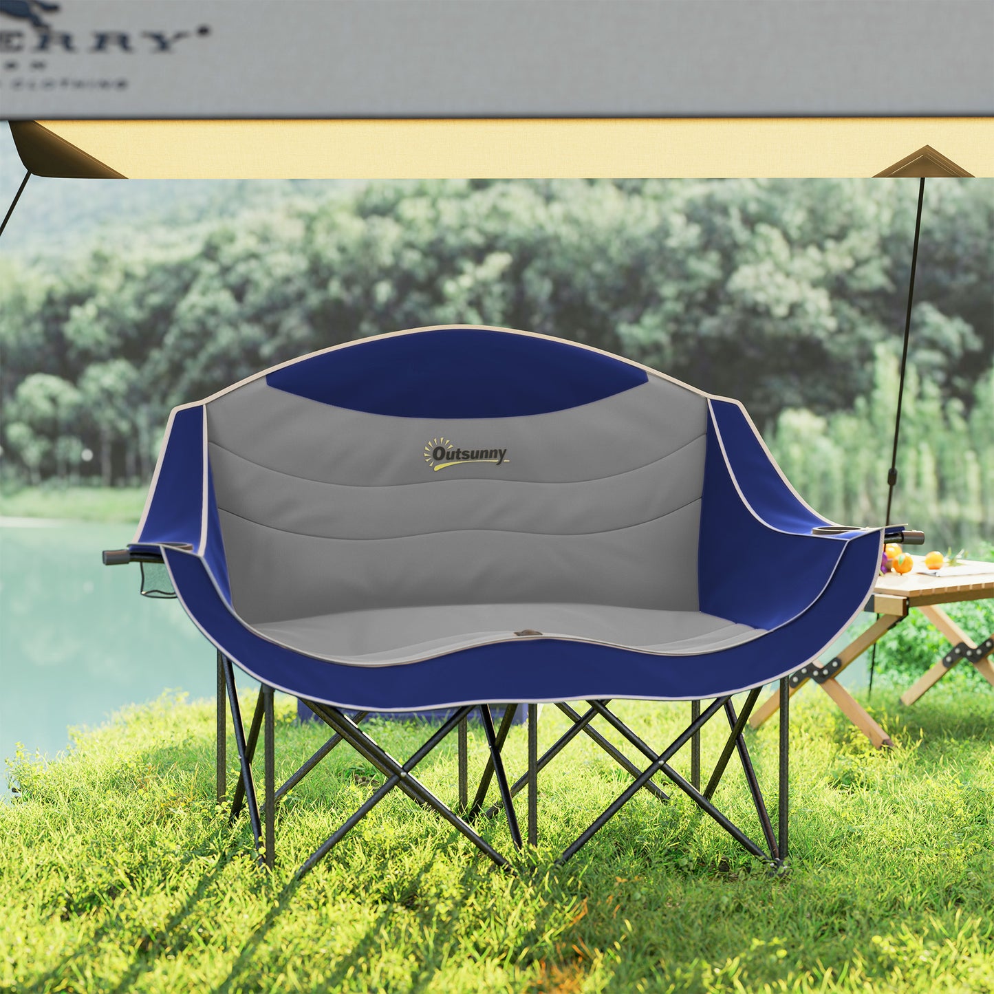 Double Padded Folding Camp Chair with Armrests & Cup Holders - Blue