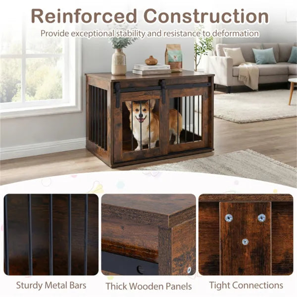 Dog Crate Furniture with Sliding Barn Door - 31.5 Inch Wooden Dog Kennel End Table - Rustic Brown