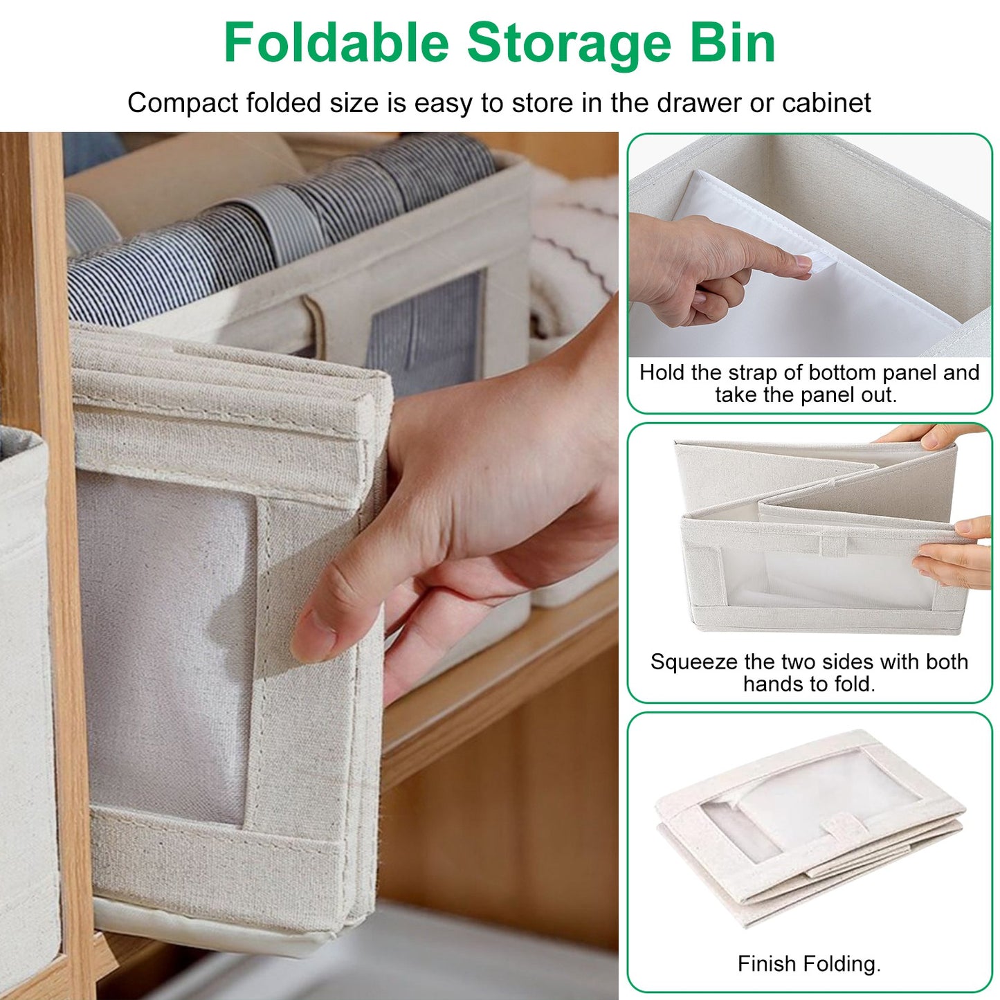 4Pcs Foldable Linen Clothing Storage Bin With Visible Clear Window