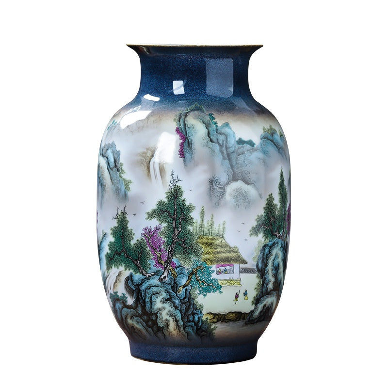 Chinese-Style Pastel Ceramic Vase with Floral & Landscape Designs
