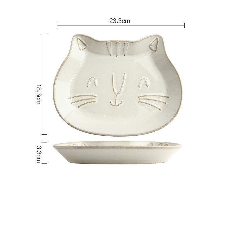 Retro Cat Ceramic Dinnerware Set - Embossed Rice Bowls & Fish Plates