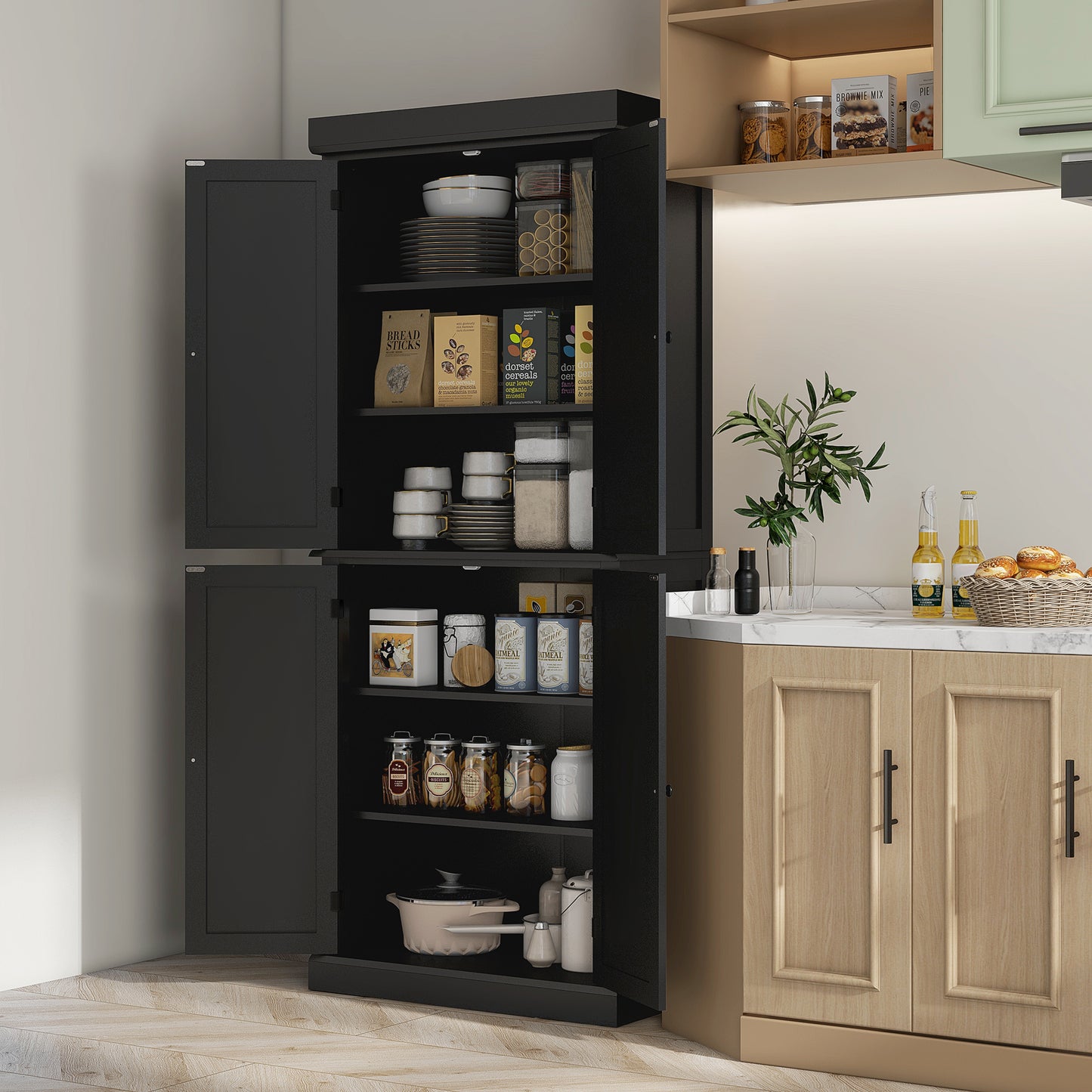 72" Freestanding Kitchen Pantry Storage Cabinet - Black