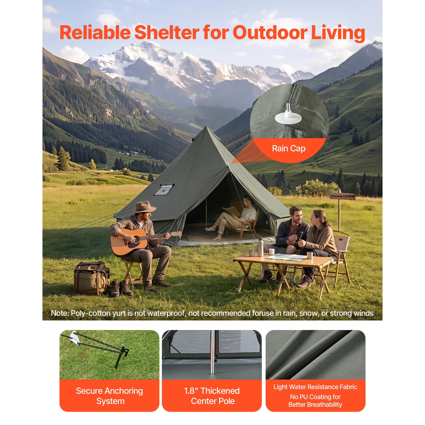 Canvas Bell Tent for Camping - 13.12 Ft 4-Season Yurt with Stove Jack, Detachable Floor
