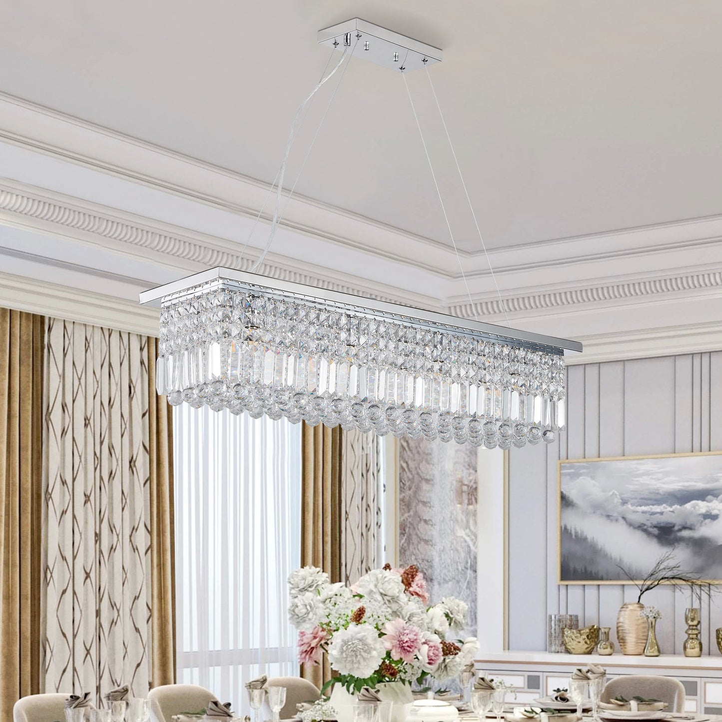 Modern Crystal Chandelier for Dining Room 8-Lights Rectangular Pendant Light Fixture