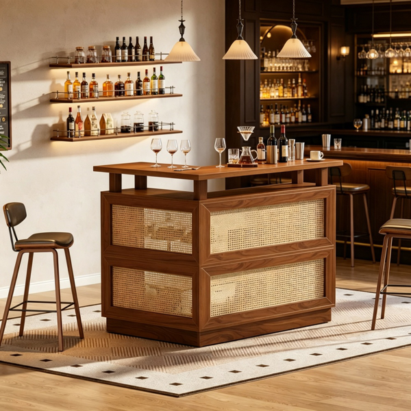 L-Shaped Rattan Bar Table with Storage - Vintage Brown