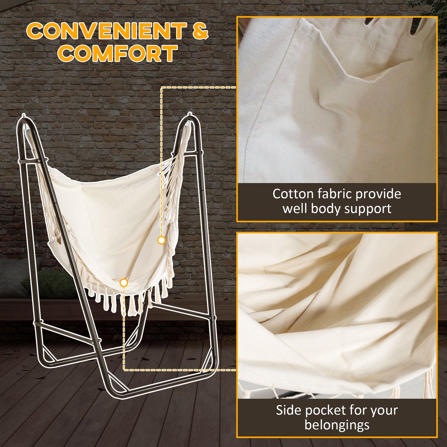 Hammock Chair with U Shape Stand and Side Pocket - Cream White