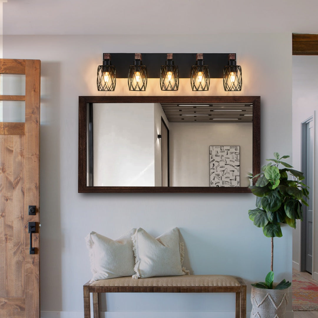 Vintage Industrial 5-Light Wall Sconce - Black Metal Cage & Wood